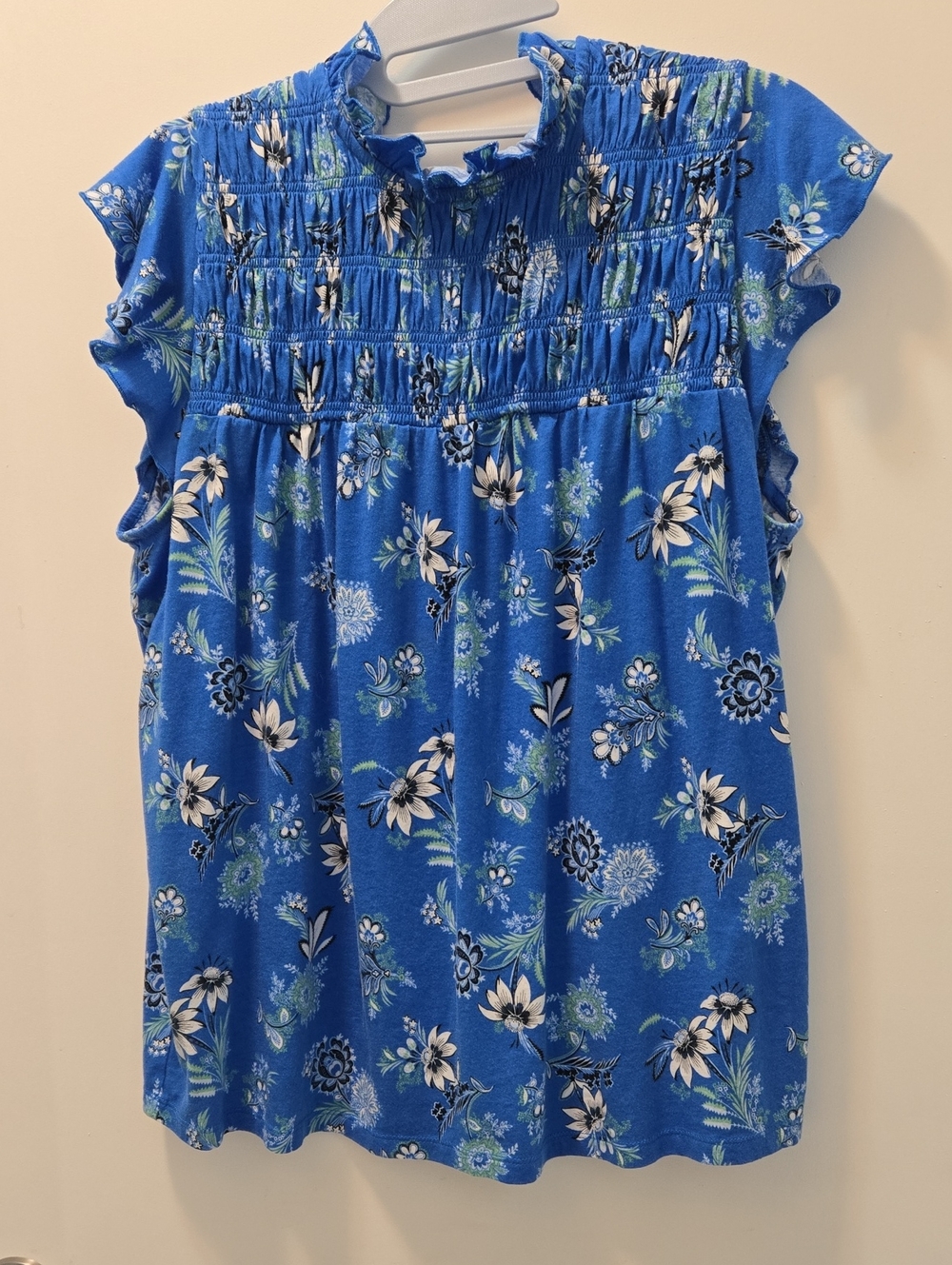 Ann Taylor Factory Blue Floral Smocked Ruffle Tunic